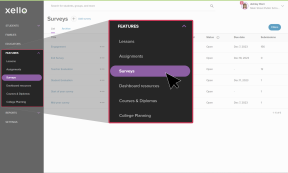 Left menu in Xello's educator tools with Features open. Cursor is hovering over Surveys